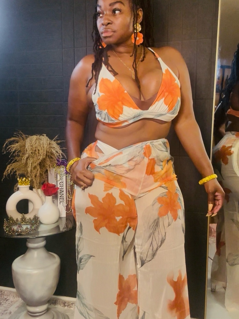 Floral Two-Piece Crop Top & Wide Leg Pants Set — Orange Floral